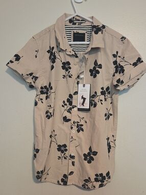 Cactus Boys Beige Short-Sleeve Button-Down with Black Floral Print